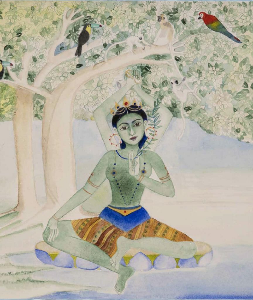Watercolor painting of Green Tara siting on a lotus with a tree and birds in the background